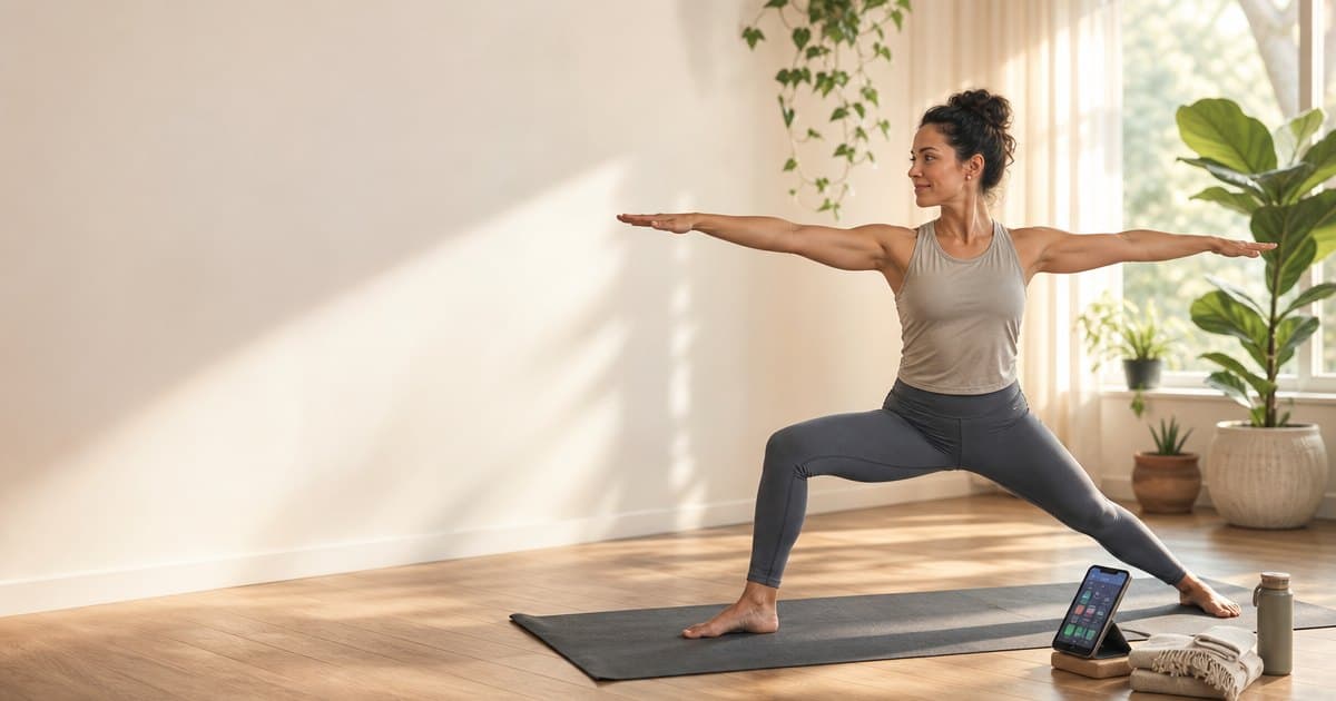 A calm person in a warrior pose on a mat in a bright, plant-filled room, illustrated in RepDriver's editorial style.