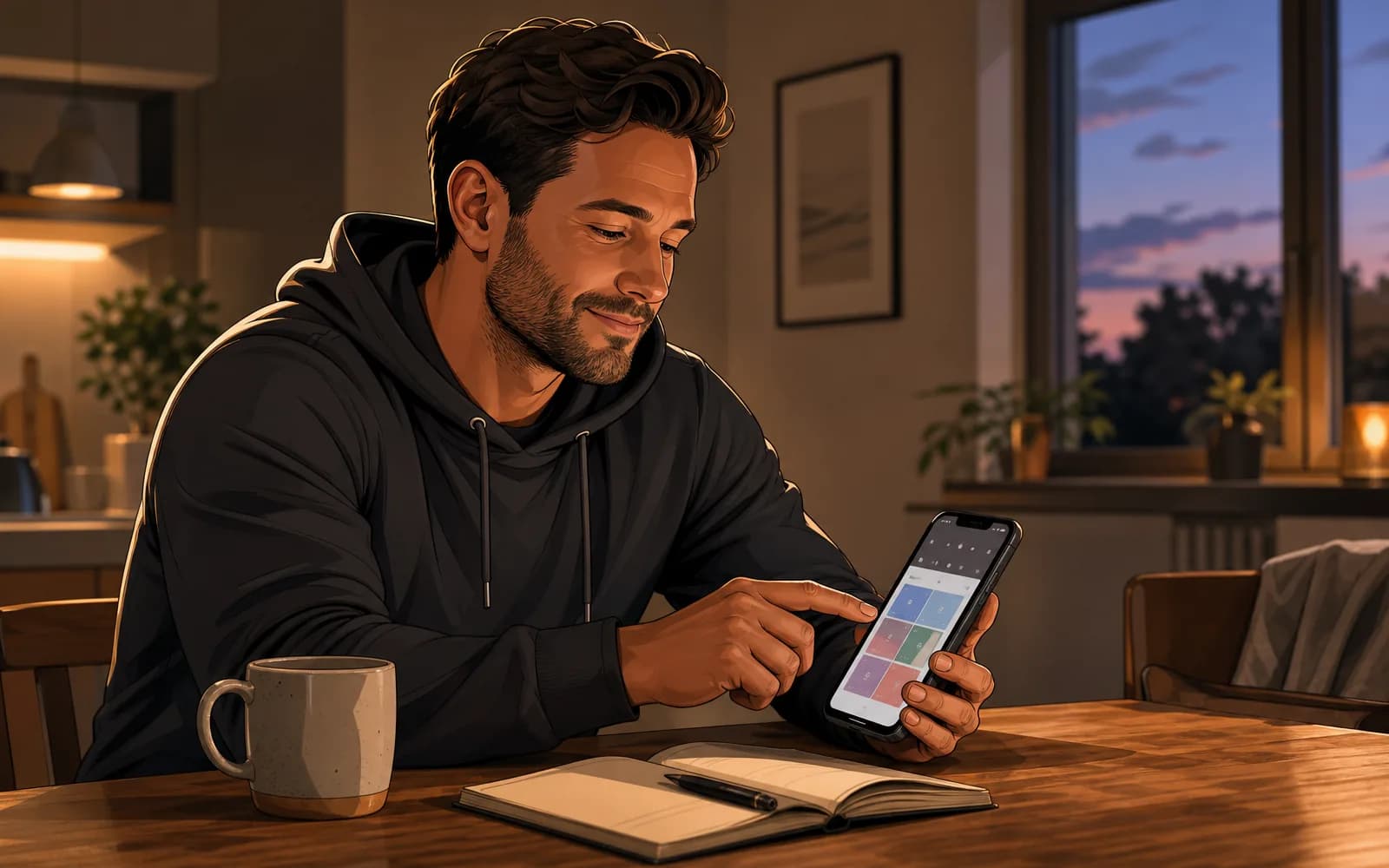 A person planning next week's workouts on their phone at a kitchen table on a quiet Sunday evening.
