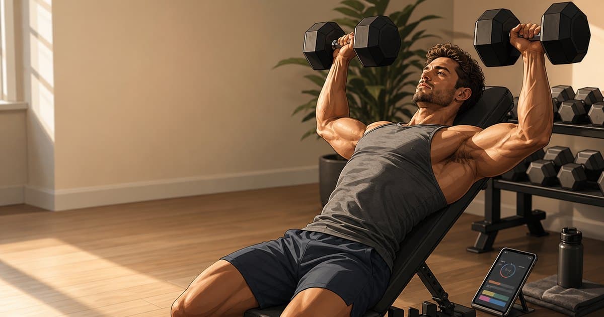 A lean, muscular lifter mid dumbbell incline press in a warmly lit home gym, illustrated in RepDriver's editorial style.