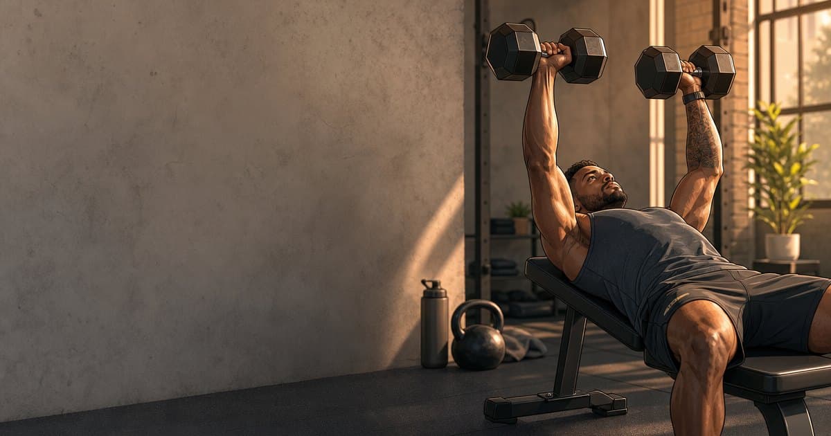 An athlete pressing two dumbbells on a flat bench in a warm industrial gym — illustrated in RepDriver's editorial style.
