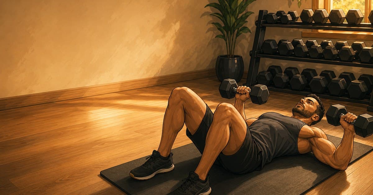 An athlete pressing two dumbbells from the floor of a home gym, a pair of adjustable dumbbells beside them — illustrated in RepDriver's editorial style.