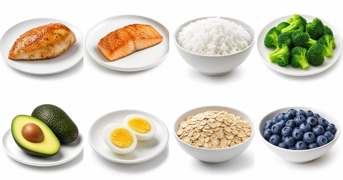A grid of whole foods — chicken breast, salmon, rice, broccoli, avocado, eggs, oats, and blueberries — photographed on white.