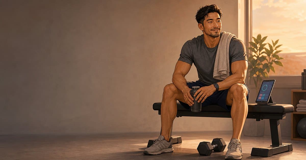 A relaxed athlete seated on a bench with light dumbbells in a quiet, warmly lit gym corner — illustrated in RepDriver's editorial style.