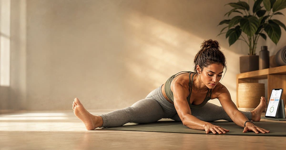 A woman in a deep seated straddle pancake fold on a yoga mat, chest lowering toward the floor — illustrated in RepDriver's editorial style.