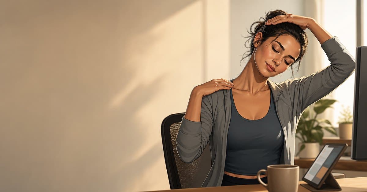 A person seated tall at a desk doing a gentle ear-to-shoulder neck stretch, one shoulder anchored down — illustrated in RepDriver's editorial style.