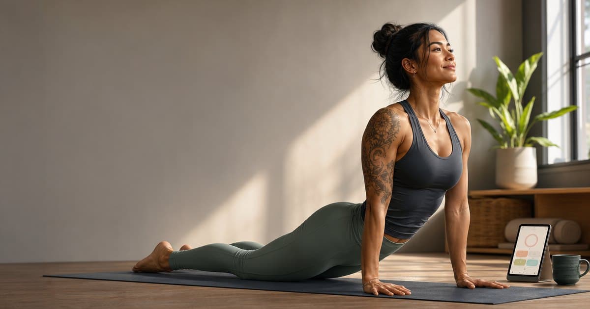 A person in dolphin pose with an open, strong upper back on a yoga mat — illustrated in RepDriver's editorial style.