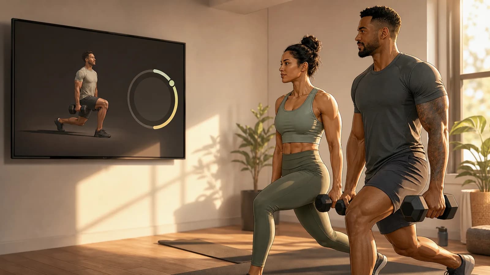 An athlete mid-session in a sunlit studio with a phone on a stand showing today's workout — illustrated in RepDriver's editorial style.